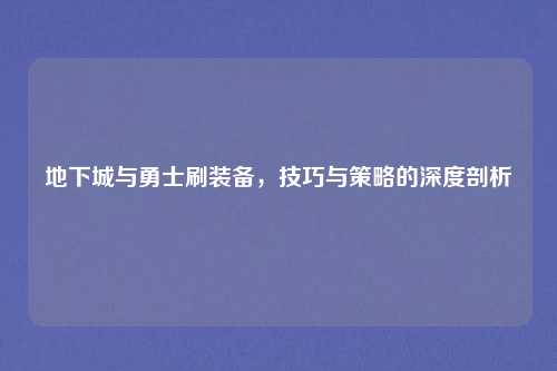 地下城与勇士刷装备，技巧与策略的深度剖析