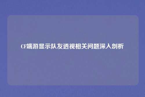 CF端游显示队友透视相关问题深入剖析