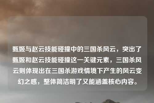 甄姬与赵云技能碰撞中的三国杀风云,突出了甄姬和赵云技能碰撞这一关键元素,三国杀风云则体现出在三国杀游戏情境下产生的风云变幻之感,整体简洁明了又能涵盖核心内容。